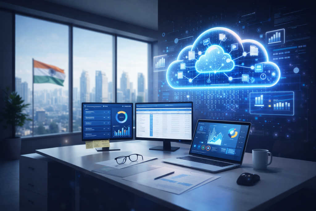 A modern paperless office showing a professional using the best DMS for CAs to manage client files.